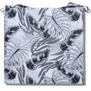 Poduszka na krzesło ze wzorem szarych i czarnych liści monstery.