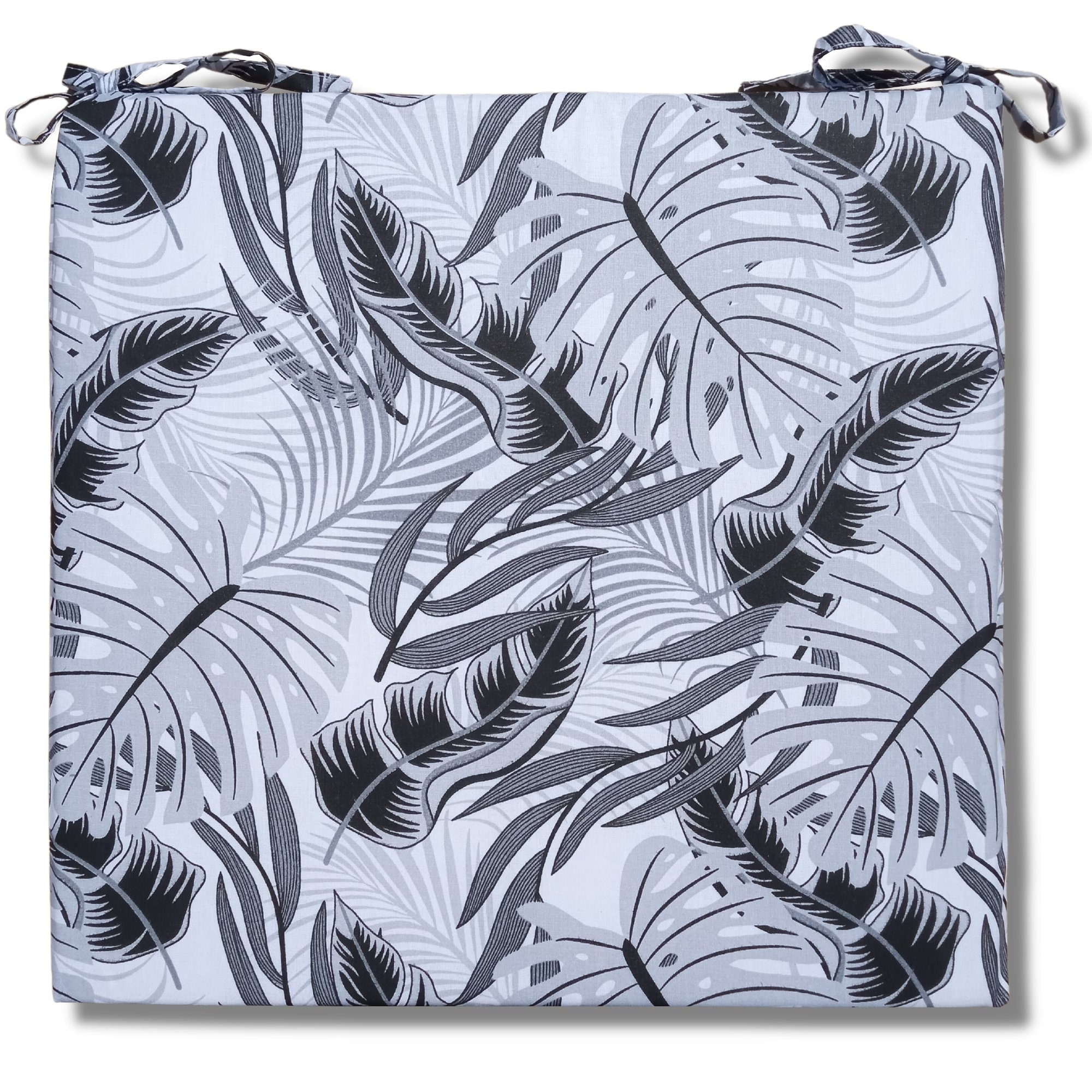 Poduszka na krzesło ze wzorem szarych i czarnych liści monstery.