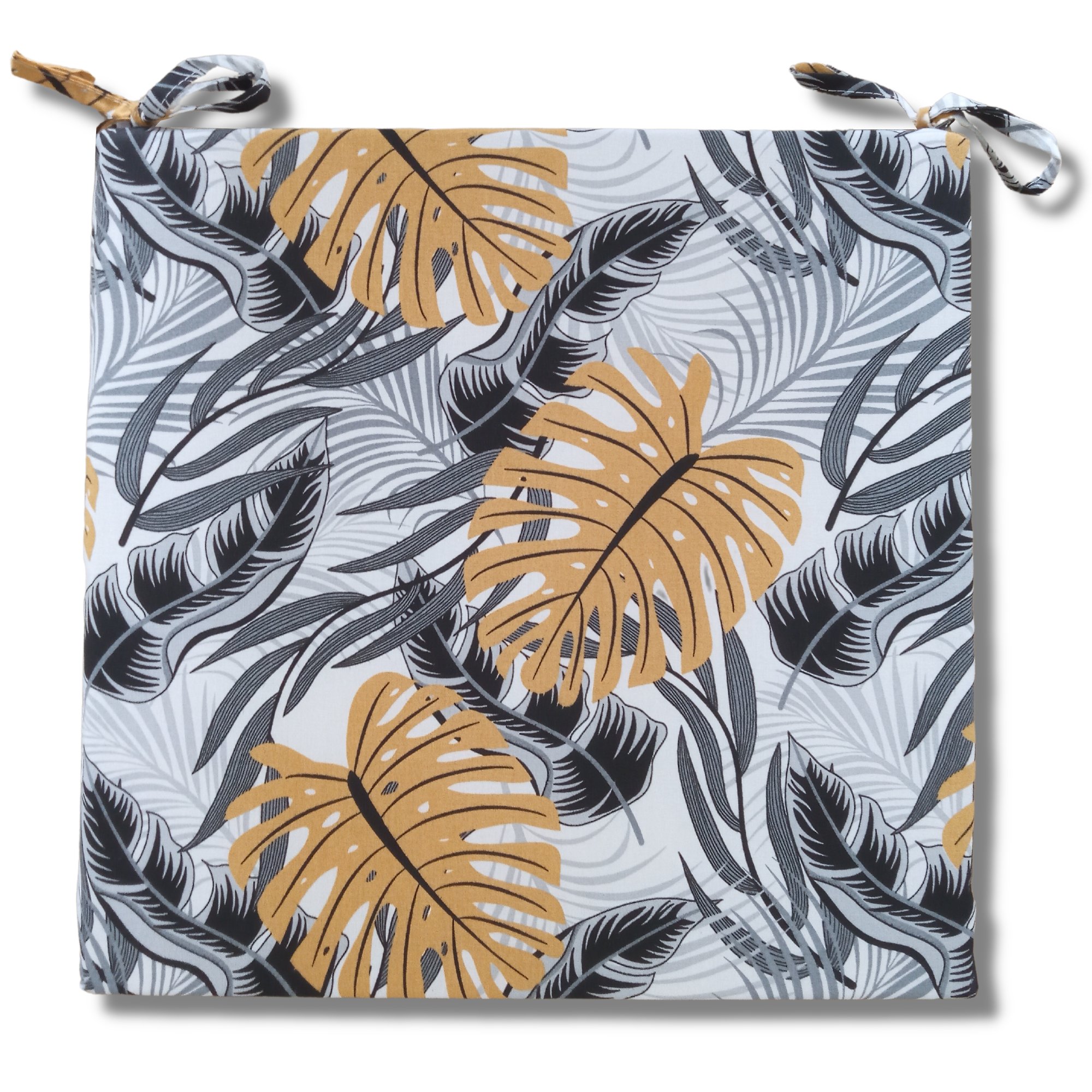 Poduszka na krzesło ze wzorem szarych i musztardowych liści monstery.