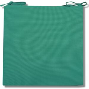 Turkusowa poduszka w kształcie kwadratu na krzesło ogrodowe.