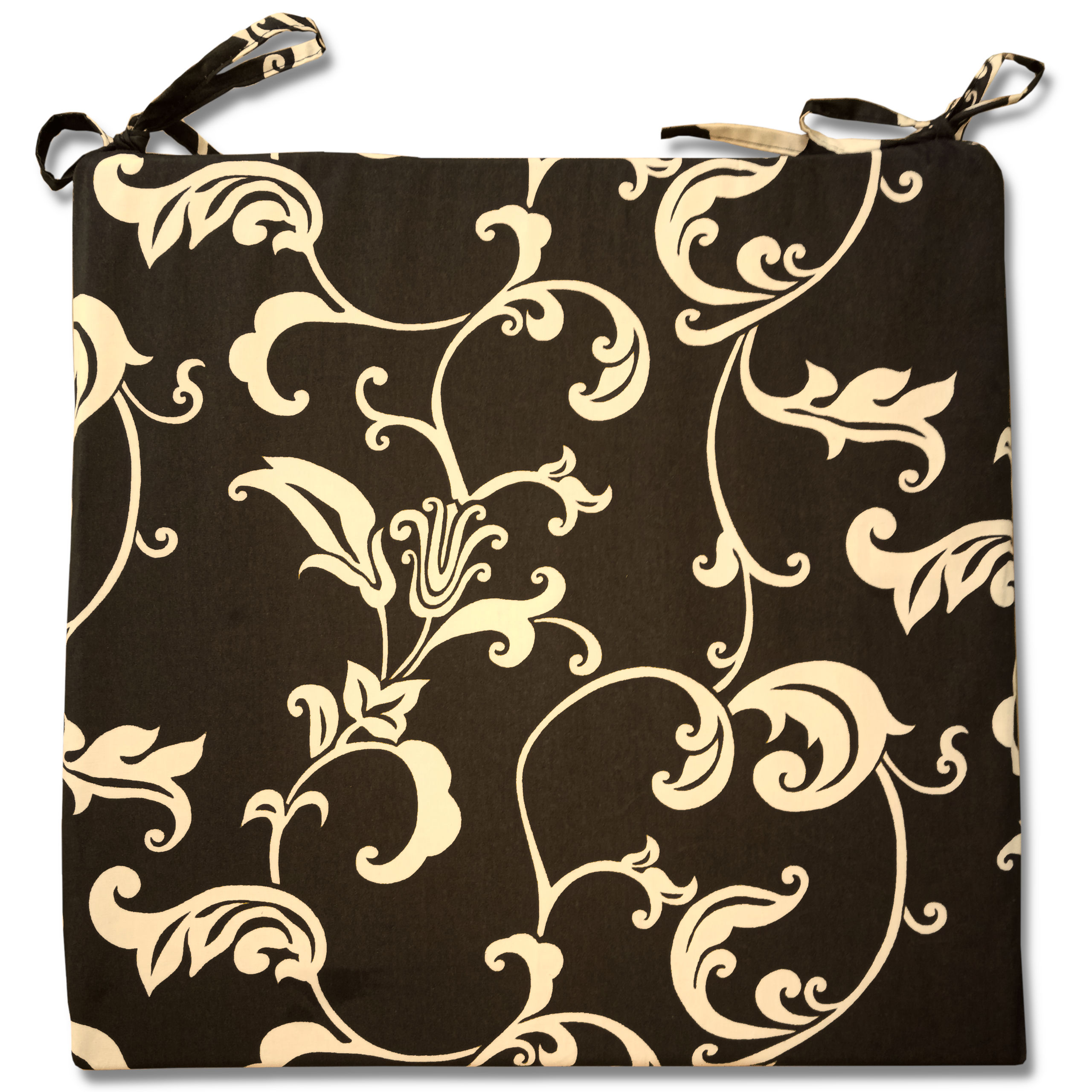 Brązowa poduszka na krzesło z kwiatowym ornamentem lilijki w kolorze kremowym.