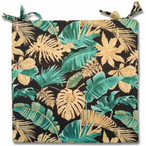 Poduszka na krzesło ze wzorem liści monstery w kolorze złotym i morskim.