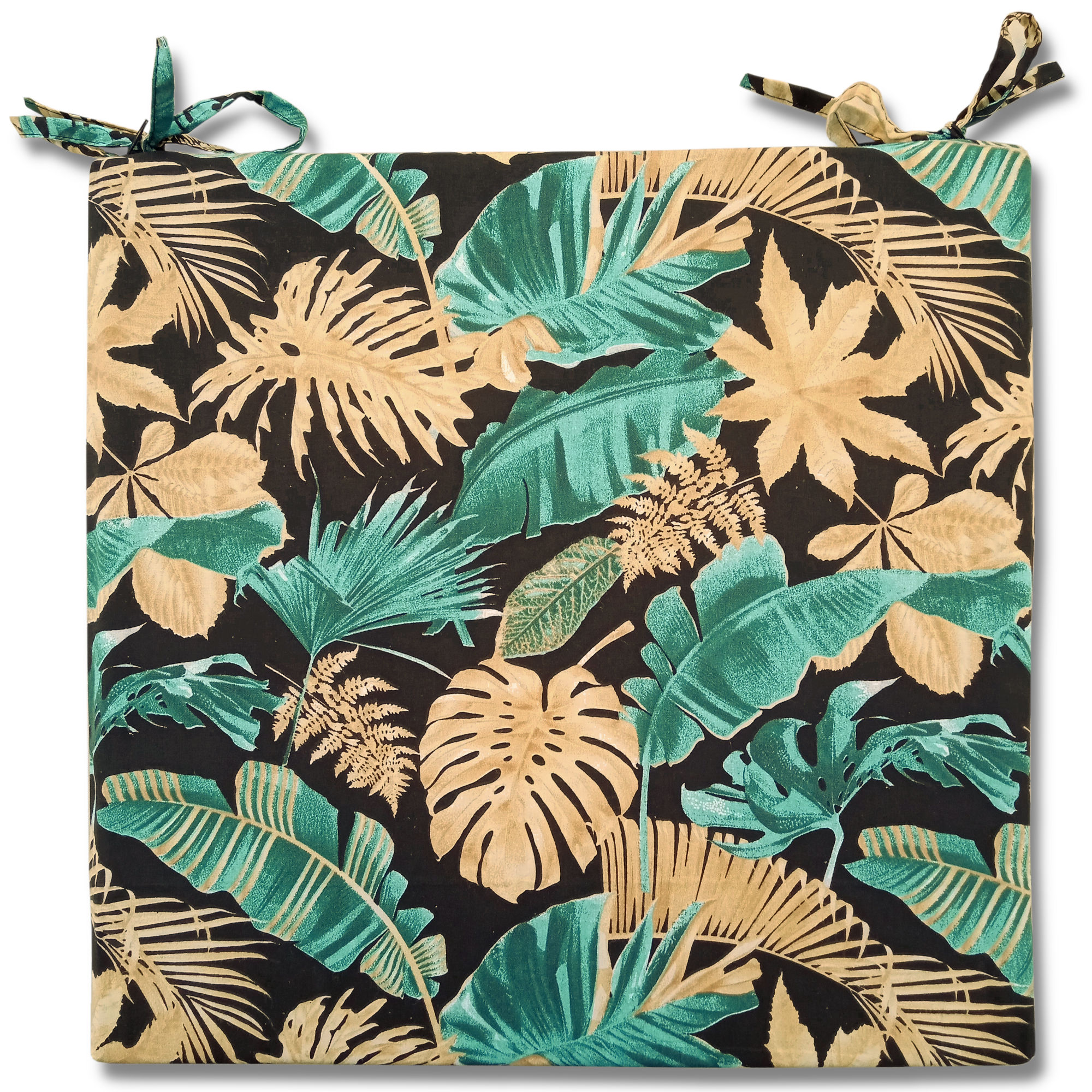 Poduszka na krzesło ze wzorem liści monstery w kolorze złotym i morskim.